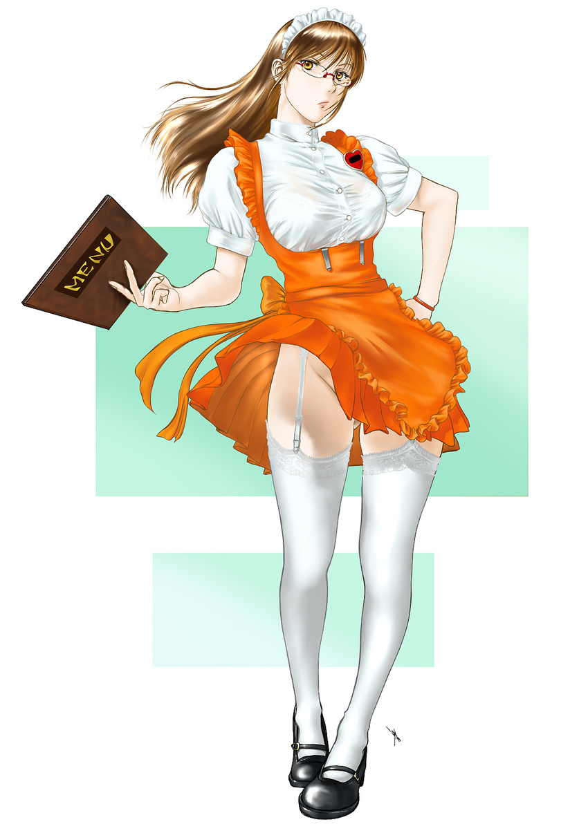 anna_miller copyright_request garter_belt glasses highres no_panties orange_skirt shinobu_(tyno) skirt solo thighhighs waitress wind wind_lift
