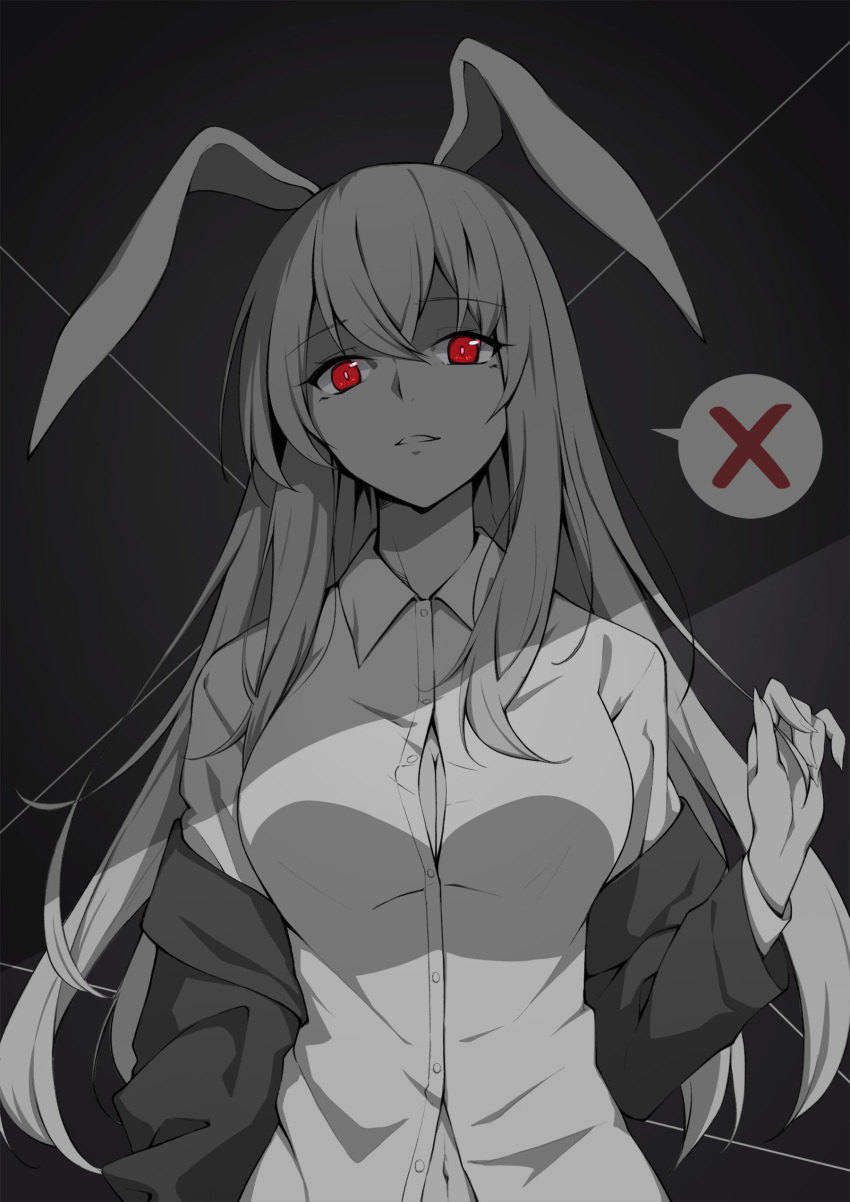 1girl absurdres animal_ears arm_at_side bangs baseness breasts bunny_ears bunny_girl cleavage collared_shirt dark_background dress_shirt eyebrows_visible_through_hair highres jacket large_breasts long_sleeves looking_at_viewer monochrome navel no_bra official_style open_clothes open_jacket parted_lips red_eyes reisen_udongein_inaba shirt solo speech_bubble spoken_x spot_color touhou upper_body wing_collar