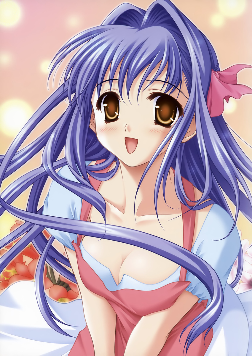 :d absurdres apron bangs blue_hair blush breast_squeeze breasts brown_eyes cleavage collarbone cowboy_shot dress floating_hair flower gradient gradient_background hair_intakes hair_ribbon half_updo happy highres leaning_forward light_particles long_hair masaharu medium_breasts official_art open_mouth outline pink_apron pink_background pink_ribbon red_flower ribbon scan shirase_ui short_sleeves smile solo straight_hair ui-chan_no_niizuma_diary v_arms very_long_hair white_dress white_flower white_outline yellow_background