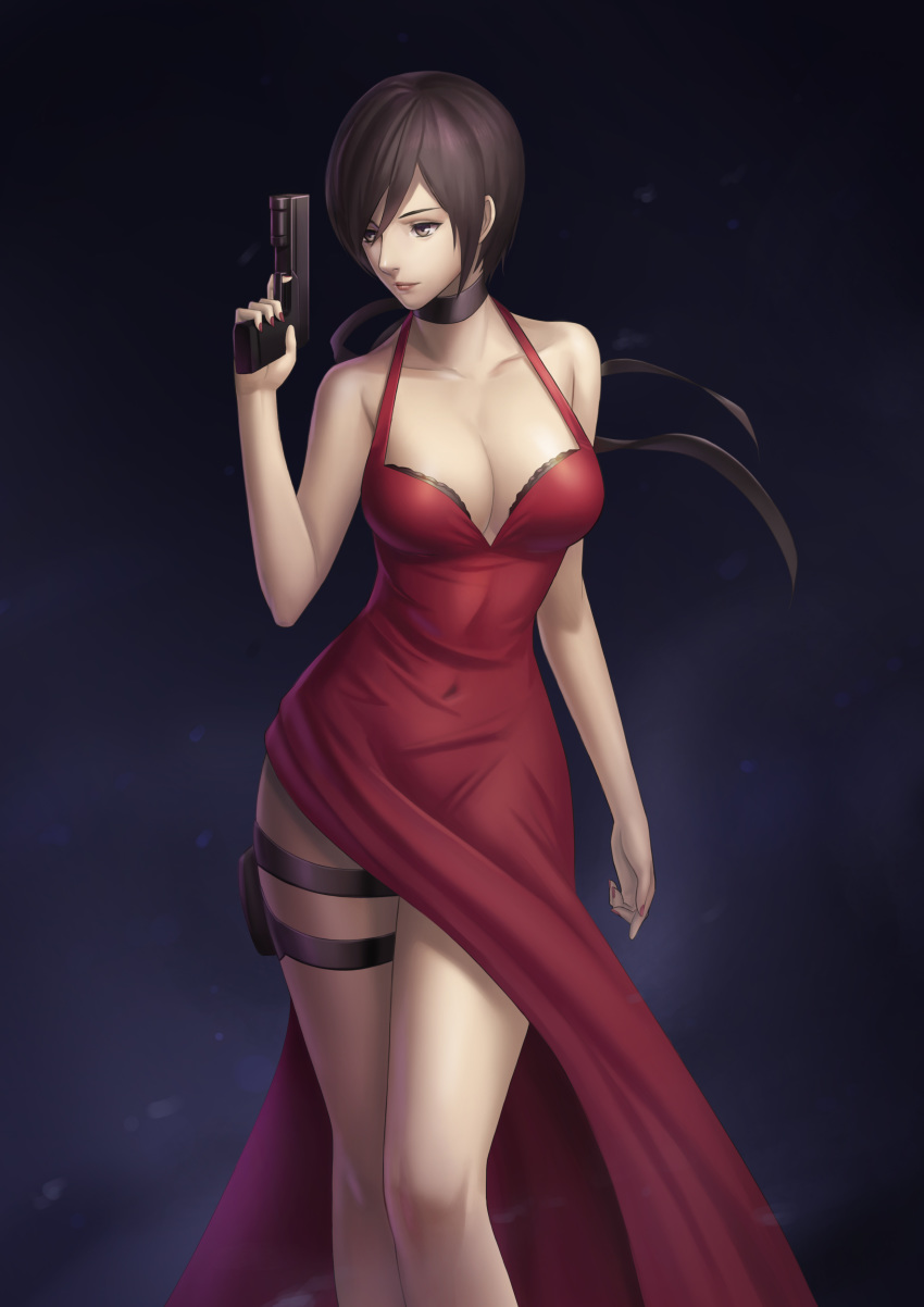 1girl absurdres ada_wong black_hair breasts brown_eyes choker cleavage dress gloves gun gy_(l964625780) highres large_breasts red_dress resident_evil resident_evil_2 resident_evil_4 short_hair solo weapon