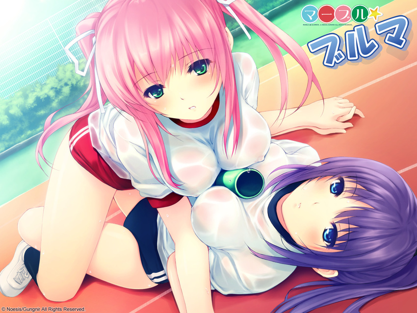 asagiri_luna bangs blue_eyes breast_press breasts buruma coffee-kizoku day eyebrows_visible_through_hair galge.com green_eyes gym_uniform hair_ribbon holding_hands large_breasts long_hair lying marble_bloomers multiple_girls narikawa_saki pink_hair purple_hair relay_baton ribbon see-through socks symmetrical_docking track_and_field twintails wet yuri