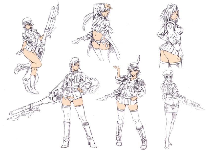 6+girls absurdres arm_up ass bayonet beret boots breasts feathers garrison_cap glasses gloves goggles gun hand_on_hip hat helmet highres huge_breasts huge_weapon knee_boots knife long_hair looking_back microskirt military military_uniform miniskirt multiple_girls nida_schuetlitch no_panties no_pants non-web_source panties pantyhose partially_colored peaked_cap rifle short_hair shuraki sketch skirt sleeves_rolled_up smile standing standing_on_one_leg thighhighs trench_coat underwear uniform weapon wild_flower yamashita_shun'ya