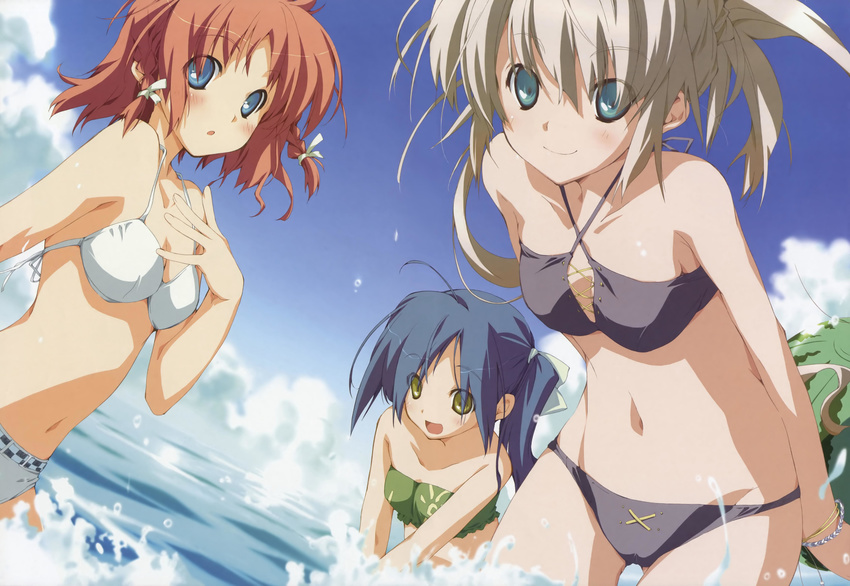 absurdres amagahara_inaho bikini blonde_hair blue_eyes blue_hair day green_eyes happy_margaret! highres kokonoka multiple_girls nishinomiya_shizuru red_hair rindou_saki swimsuit yellow_eyes