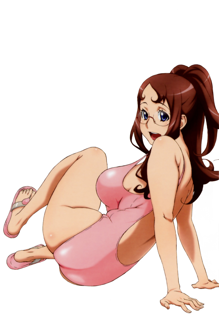 :d arm_support arms_behind_back ass back backless_outfit bangs bare_back blue_eyes blush body_blush breasts brown_hair casual_one-piece_swimsuit dragonaut feet foreshortening glasses heart highres jinguuji_megumi large_breasts leaning_back legs long_hair looking_at_viewer looking_back official_art one-piece_swimsuit one_side_up open_mouth pink_swimsuit ponytail profile reclining sandals shoe_dangle sideboob sidelocks simple_background sitting smile solo swimsuit uno_makoto white_background