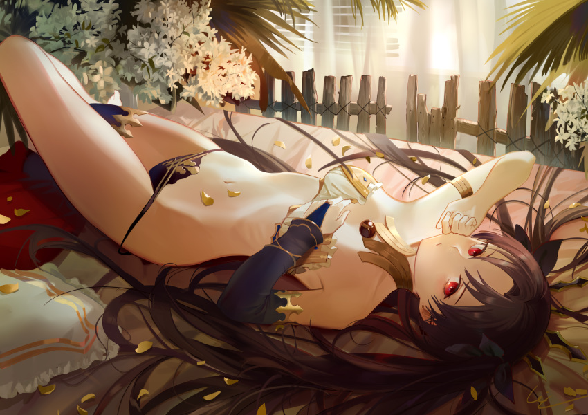 1girl absurdres arm_up armlet bangs bikini black_bow blue_bikini_bottom blue_legwear bow bridal_gauntlets brown_hair closed_mouth curtains fate/grand_order fate_(series) fence flower hair_bow highres indoors ishtar_(fate/grand_order) jewelry leiq long_hair lying mismatched_bikini navel neck_ring on_back on_bed parted_bangs petals pillow plant red_eyes signature single_thighhigh solo stomach strapless strapless_bikini swimsuit thighhighs two_side_up very_long_hair white_bikini_top white_flower window wooden_fence