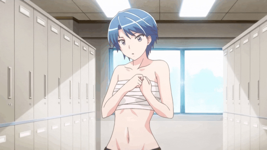 10s 1girl animated animated_gif areolae blue_hair bounce bouncing_breasts breasts female honoo_no_haramase_oppai_ero_appli_gakuen huge_breasts locker locker_room nipples pink_pineapple short_hair tomboy