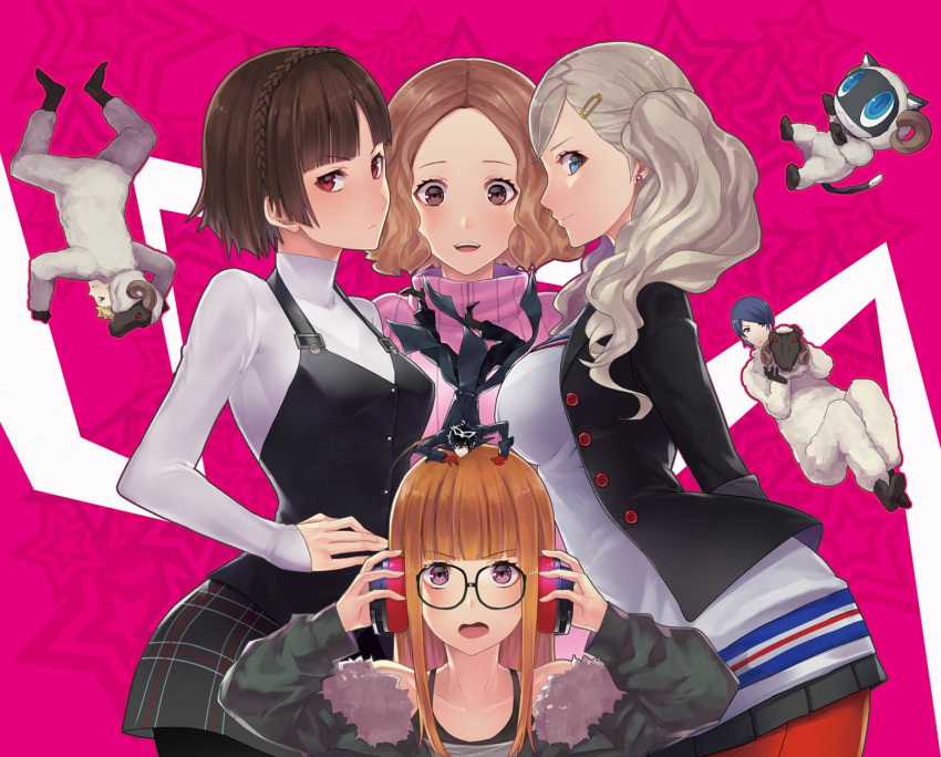 amamiya_ren animal black_hair braid brown_hair cat catherine_(game) crown_braid glasses gloves highres kitagawa_yuusuke mask morgana_(persona_5) mozuyun niijima_makoto okumura_haru orange_hair pants persona persona_5 plaid plaid_pants red_eyes red_gloves red_legwear sakamoto_ryuuji sakura_futaba sheep short_hair shuujin_academy_uniform skirt takamaki_anne twintails zipper