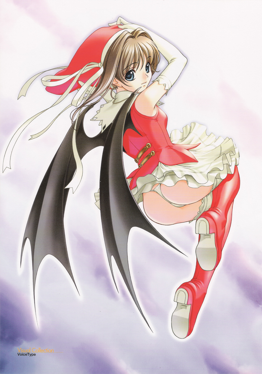 absurdres akibakei_kanojo ass bat_wings blue_eyes boots brown_hair cosplay elbow_gloves flat_chest frills gloves hat highres looking_back misaki_renka non-web_source panties sano_toshihide scan skirt solo thigh_boots thighhighs thong underwear white_panties wings