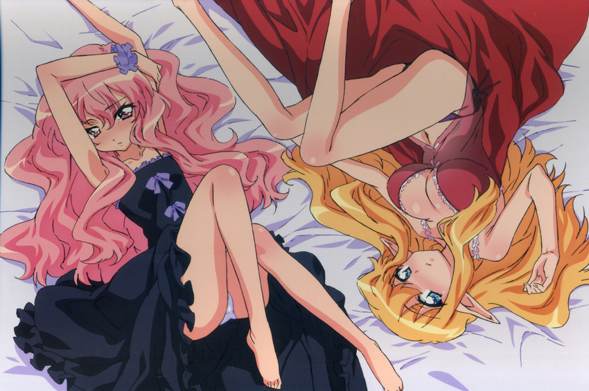 absurdres artist_request babydoll blue_eyes blush breasts cleavage dress flat_chest highres large_breasts long_hair louise_francoise_le_blanc_de_la_valliere multiple_girls panties pink_eyes pink_hair pointy_ears see-through tiffania_westwood underwear zero_no_tsukaima