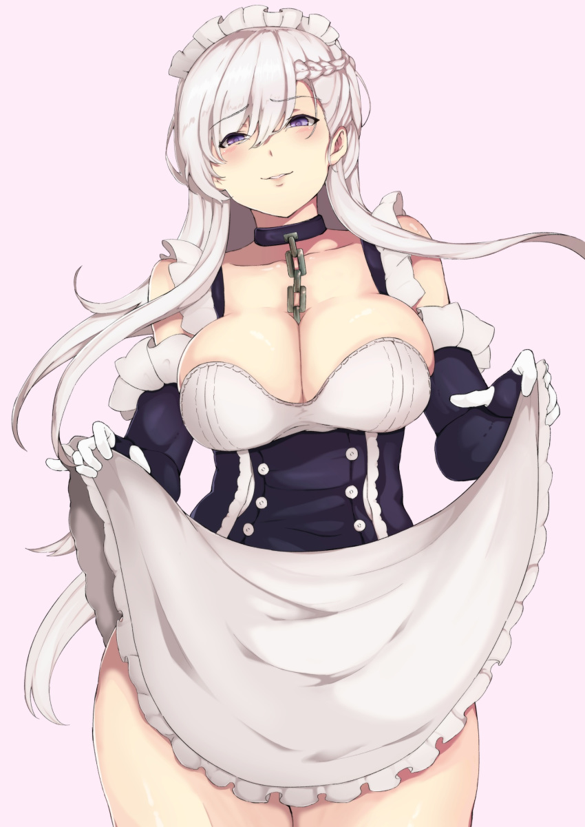 1girl apron azur_lane bangs bare_shoulders belfast_(azur_lane) between_breasts blush braid breasts chains cleavage collar collarbone corset dress dress_lift elbow_gloves eyebrows_visible_through_hair french_braid frilled_apron frilled_gloves frills gloves grey_background hair_between_eyes half-closed_eyes head_tilt highres large_breasts lifted_by_self maid maid_apron maid_headdress mios1225 parted_lips purple_eyes side_braid silver_hair simple_background smile solo standing thighs waist_apron white_apron white_gloves
