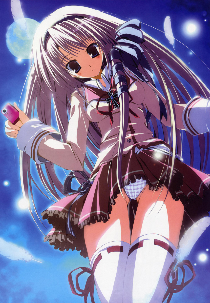 absurdres blue_eyes blush camera cross feathers hairband highres long_hair mizusawa_mimori panties pantyshot ribbon sakuma_yumine school_uniform solo supreme_candy thighhighs underwear upskirt