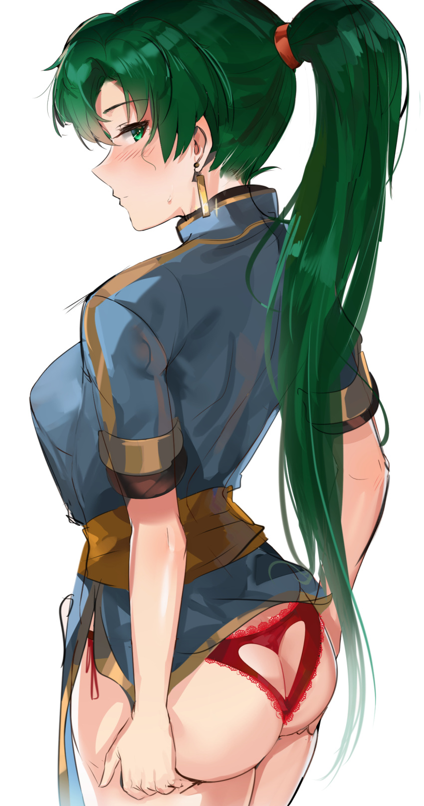 1girl ass ass_cutout ass_support bangs blue_dress blush breasts closed_mouth commentary_request cowboy_shot dress dress_lift earrings eyebrows_visible_through_hair fire_emblem fire_emblem:_rekka_no_ken from_behind green_eyes green_hair heart heart-shaped_pupils heart_cutout high_ponytail highres jewelry lace lace-trimmed_panties long_hair looking_at_viewer looking_back lyndis_(fire_emblem) medium_breasts nintendo ormille panties profile red_panties sash short_sleeves side-tie_panties simple_background smile solo sweat symbol-shaped_pupils underwear upskirt white_background