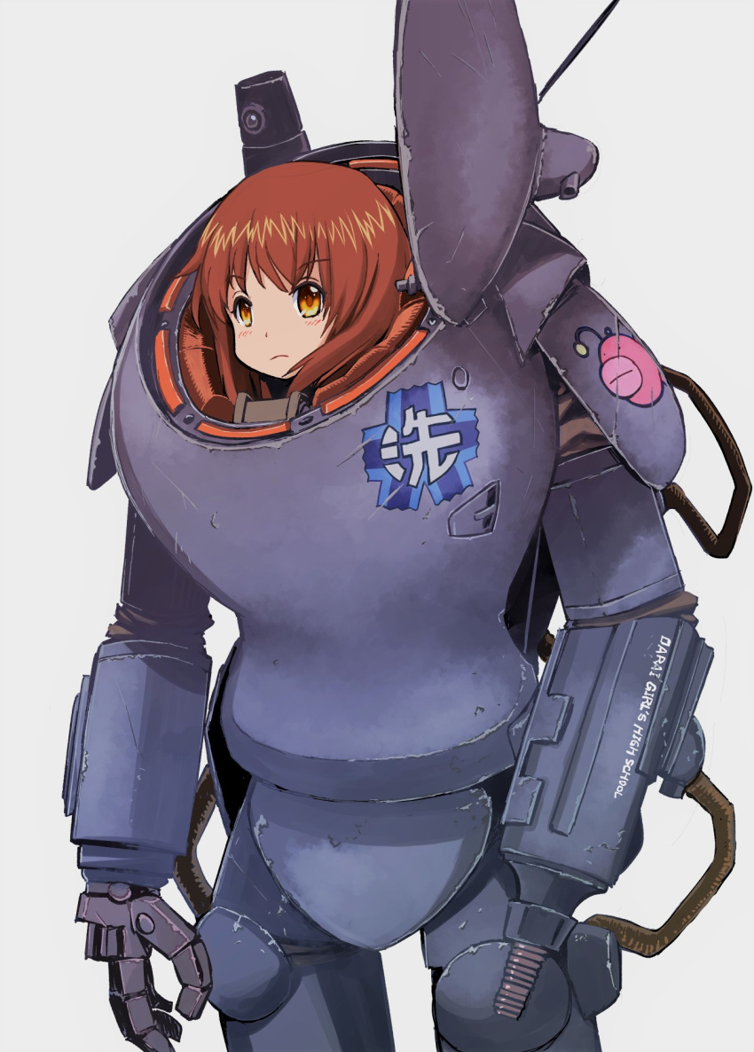 1girl anglerfish bangs brown_eyes brown_hair closed_mouth commentary_request cowboy_shot crossover emblem english_text eyebrows_visible_through_hair frown girls_und_panzer grey_background highres maschinen_krieger mecha muramasa_mikado nishizumi_miho ooarai_(emblem) partial_commentary short_hair simple_background solo standing