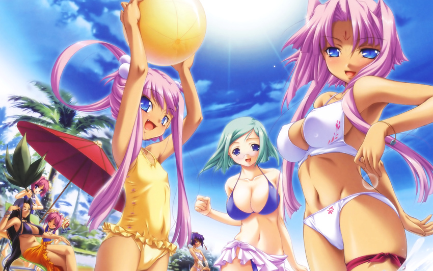 aqua_hair ball beachball bikini blue_eyes blush breasts casual_one-piece_swimsuit closed_eyes covered_nipples daikyou day fang flat_chest fundoshi glasses green_hair highres hikage_eiji japanese_clothes kannei koihime_musou large_breasts long_hair multiple_girls official_art one-piece_swimsuit one_eye_closed orange_sarong purple_hair rikuson sarashi sarong short_hair shoukyou shuuyu sonken sonshoukou swimsuit twintails umbrella wallpaper