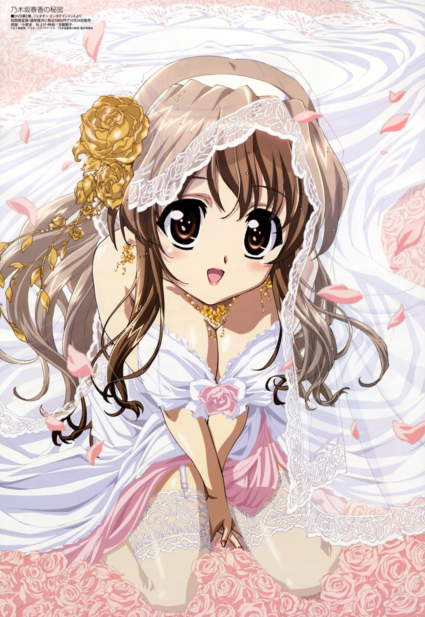:d absurdres bare_shoulders blush breasts bridal_veil bride brown_eyes brown_hair cleavage dress flower garter_straps hairband highres jewelry kneeling lace lace-trimmed_thighhighs large_breasts lipstick long_hair makeup megami nail_polish nogizaka_haruka nogizaka_haruka_no_himitsu non-web_source official_art ohara_mitsuru open_mouth petals red_nails rose scan see-through smile solo thighhighs veil wedding_dress white_legwear