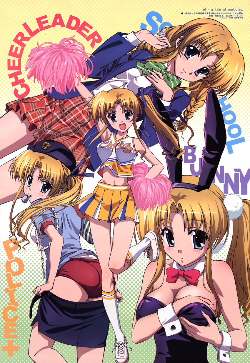 absurdres animal_ears arm_up ass blonde_hair blue_eyes blush bow bowtie braid breast_hold breast_lift breasts bunny_ears bunny_girl bunnysuit buruma cheerleader cleavage detached_collar ef gym_uniform hair_ribbon halftone halftone_background hat hayama_mizuki highres kneehighs leg_lift legs long_hair long_legs looking_back medium_breasts megami midriff mouth_hold non-web_source plaid plaid_skirt pleated_skirt police police_uniform policewoman polka_dot polka_dot_background pom_poms ribbon scan school_uniform shoes side_ponytail signature skirt skirt_pull smile sneakers socks solo standing standing_on_one_leg sugiyama_nobuhiro thigh_gap twin_braids undressing uniform watermark whistle wrist_cuffs