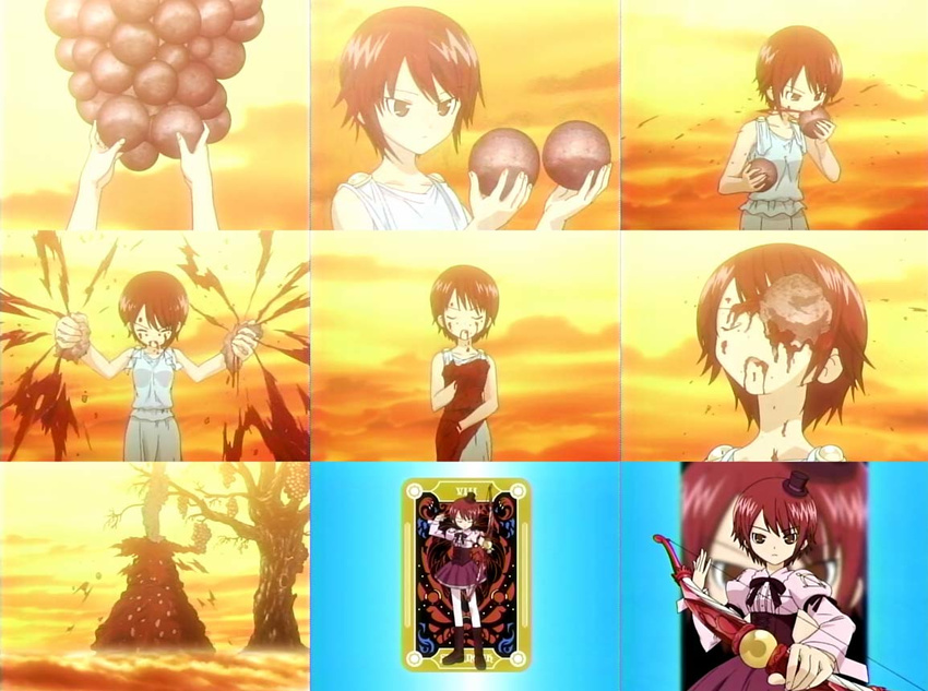 bare_shoulders brown_hair collarbone dress hijiri_misaki light_rays looking_at_viewer orange_sky red_dress saint_october screencap short_hair sky sunset