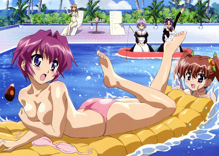 absurdres amamiya_shiina barefoot bikini blue_eyes blue_hair blush boat breast_hold breasts brown_hair cleavage day fang fishing fishing_rod glasses highres inflatable_raft legs_up long_hair lotion lying maid medium_breasts multiple_girls nanashiro_nanami nogizaka_haruka nogizaka_haruka_no_himitsu nogizaka_mika non-web_source on_stomach pool purple_hair sakurazaka_hazuki short_hair sunglasses sunscreen swimsuit twintails watercraft