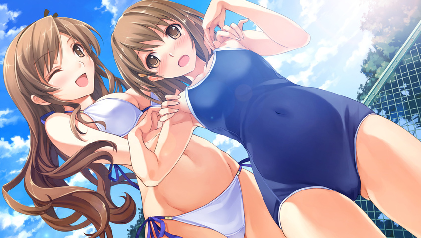 :o ;d bikini blush chain-link_fence cloud competition_school_swimsuit covered_navel cradle_(artist) day fence game_cg highres long_hair misaki_kurehito mole mole_under_eye multiple_girls nakano_hinata navel one-piece_swimsuit one_eye_closed open_mouth short_hair side-tie_bikini sky smile suiheisen_made_nan_mile? swimsuit tsuyazaki_kokage