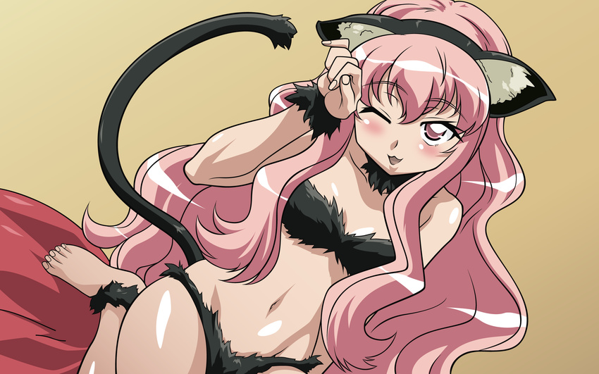 animal_ears cat_ears cat_tail highres long_hair louise_francoise_le_blanc_de_la_valliere one_eye_closed pink_hair solo tail vector_trace very_long_hair zero_no_tsukaima