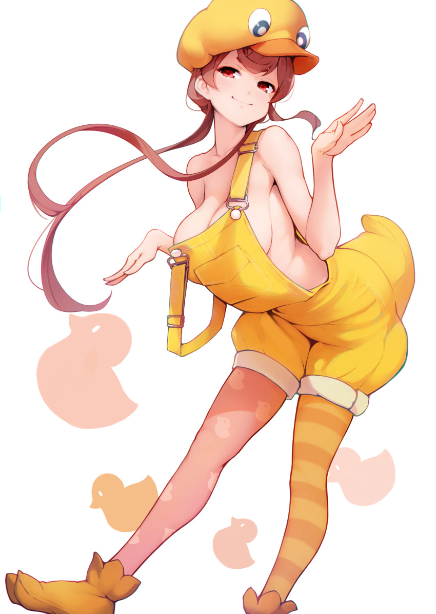 1girl absurdres ataruman bare_shoulders breasts brown_hair cleavage commentary full_body hat highres large_breasts long_hair looking_at_viewer mismatched_legwear naked_overalls overall_shorts overalls red_eyes sideboob solo strap_slip thighhighs yellow_hat yellow_overalls yuugiri_(zombie_land_saga) zombie_land_saga