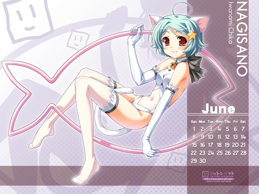 animal_ears bare_shoulders black_bow bow calendar_(medium) cat_ears cat_tail elbow_gloves fish gloves green_hair hair_ornament highres iwanami_chika june leotard looking_at_viewer nagisano short_hair solo star star_hair_ornament tail thighhighs tsukasa_yuuki white_gloves white_legwear