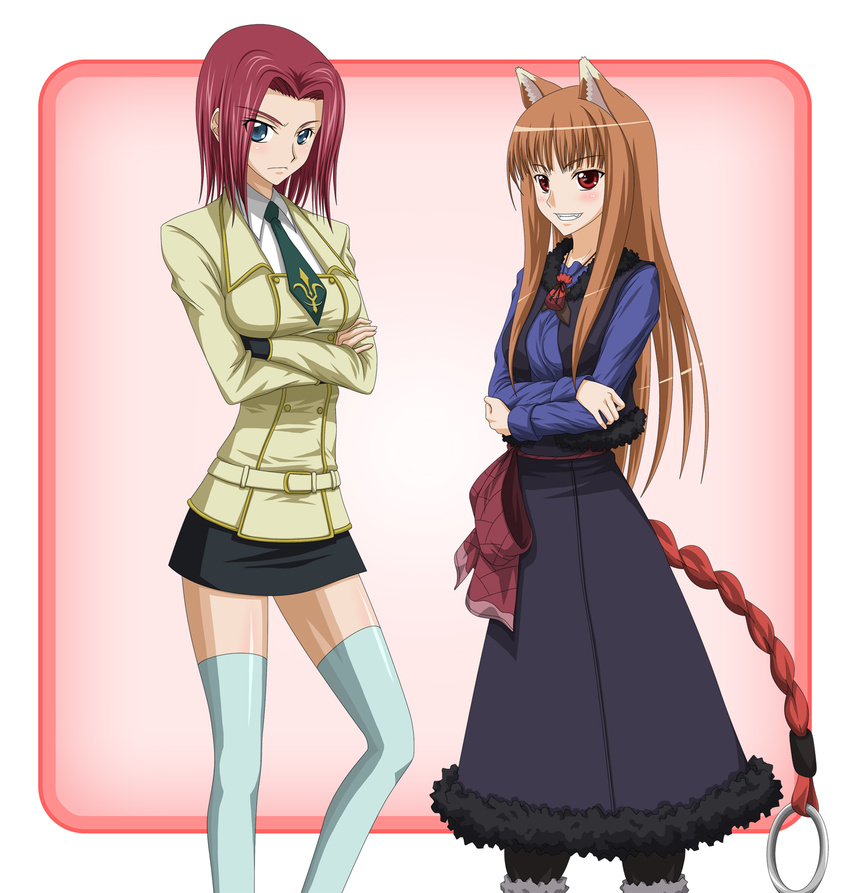 animal_ears ashford_academy_uniform bad_id bad_pixiv_id blue_eyes blush breasts brown_hair code_geass highres holo kallen_stadtfeld koshimizu_ami lapis long_hair medium_breasts multiple_girls red_eyes red_hair school_uniform seiyuu_connection short_hair spice_and_wolf tail thighhighs wolf_ears wolf_tail zettai_ryouiki