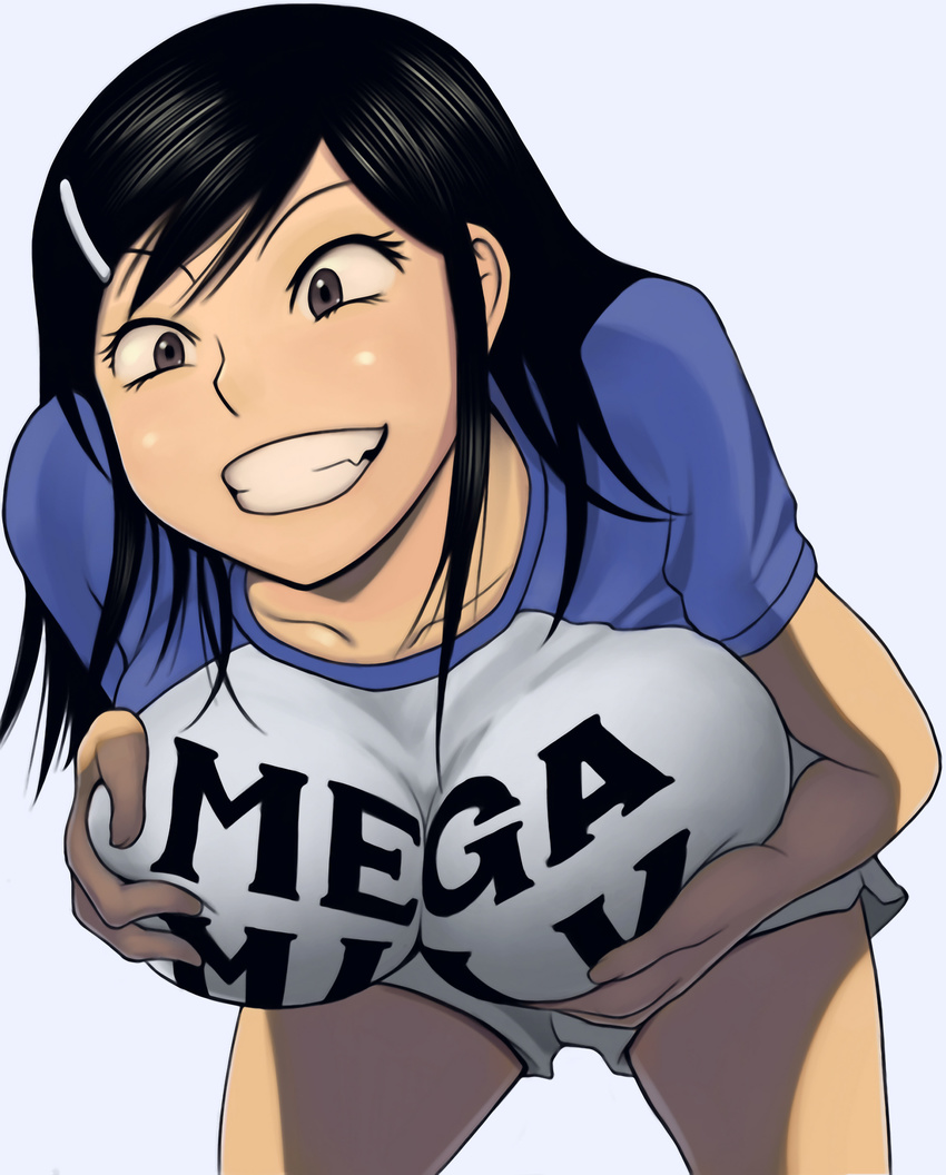 absurdres black_eyes black_hair breast_hold breasts clothes_writing colorized cross_eyed fang grin hair_ornament hairclip highres huge_breasts imageboard_colors leaning_forward long_hair mega_milk meme_attire original raglan_sleeves shiden_akira shorts smile solo