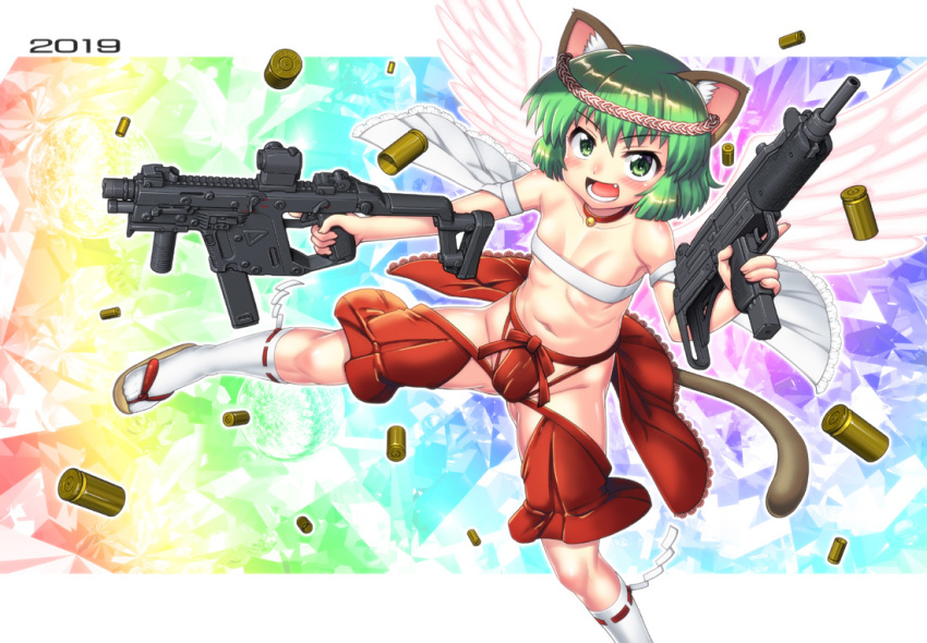 1girl 2019 animal_ears bell breasts budget_sarashi cat_ears cat_tail collar dual_wielding fang flip-flops green_eyes green_hair groin gun hase_yu holding imi_uzi jingle_bell kriss_vector navel open_mouth original revealing_clothes sandals sarashi shell_casing short_hair small_breasts smile solo submachine_gun tail trigger_discipline weapon