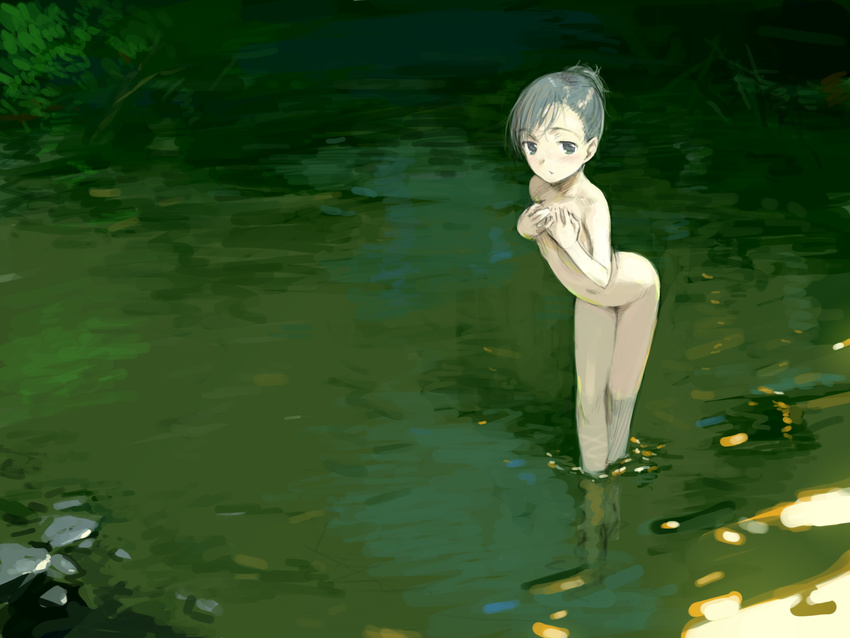 bent_over blue_eyes blue_hair copyright_request covering covering_breasts haimura_kiyotaka highres nude river short_hair skinny_dipping solo water
