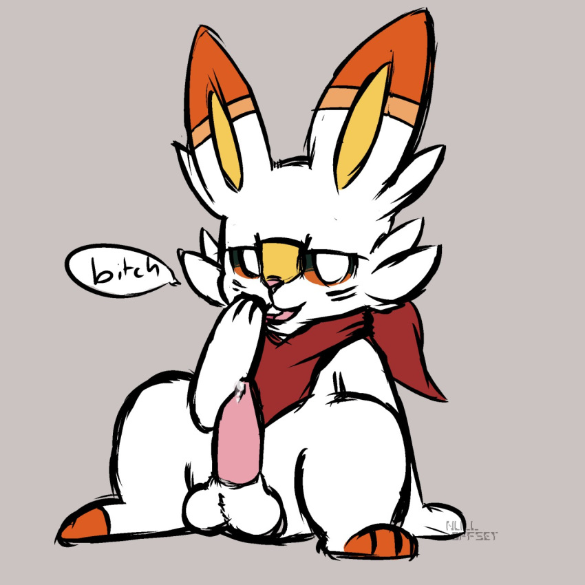 2019 animal_genitalia balls bandanna clothing cum dialogue digital_media_(artwork) erection feral lagomorph looking_at_viewer male mammal nintendo nulloffset open_mouth penis pok&eacute;mon pok&eacute;mon_(species) scorbunny simple_background solo tapering_penis text tongue video_games