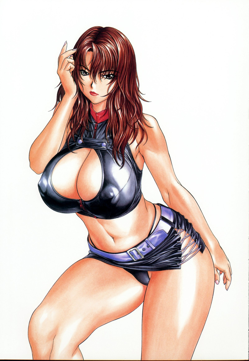 black_panties breasts brown_eyes brown_hair cleavage copyright_request curvy highres huge_breasts inoue_takuya lipstick long_hair makeup midriff miniskirt nail_polish panties pantyshot pink_nails scan scan_artifacts simple_background skirt solo thick_thighs thighs underwear zipper