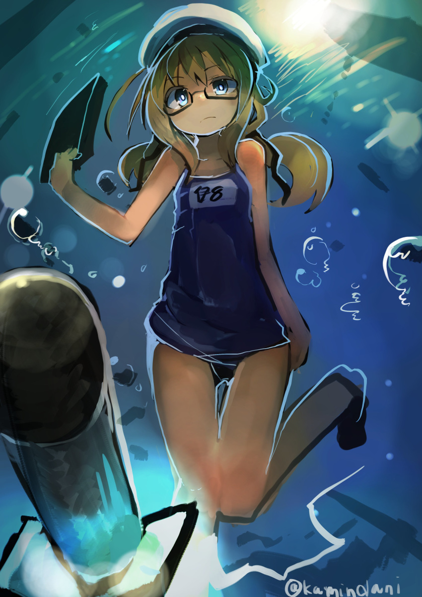 1girl absurdres blonde_hair blue_eyes female glasses hat highres i-8_(kantai_collection) kaamin_(mariarose753) kantai_collection low_twintails one-piece_swimsuit solo swimsuit twintails underwater