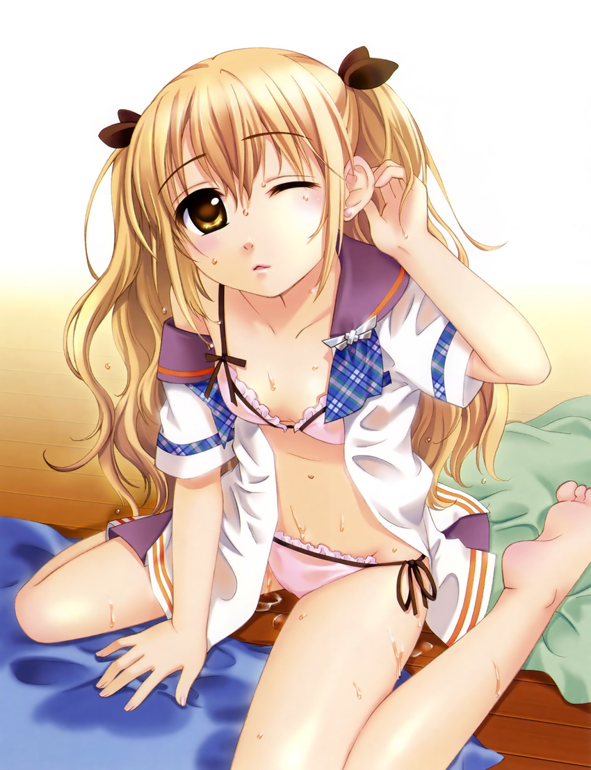 barefoot blonde_hair blush bra feet flat_chest ginta hair_ribbon highres legs lingerie long_hair one_eye_closed open_clothes open_shirt panties ribbon saotome_tsukasa shirt side-tie_panties sitting soles solo sugar+spice! toes triangle_mouth underwear wet yellow_eyes