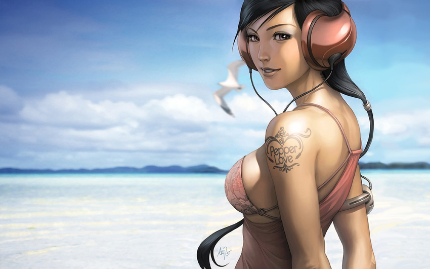 arms_behind_back bare_shoulders beach bikini bird black_hair brown_eyes day from_behind headphones long_hair looking_back original pepper_project seagull signature solo stanley_lau swimsuit