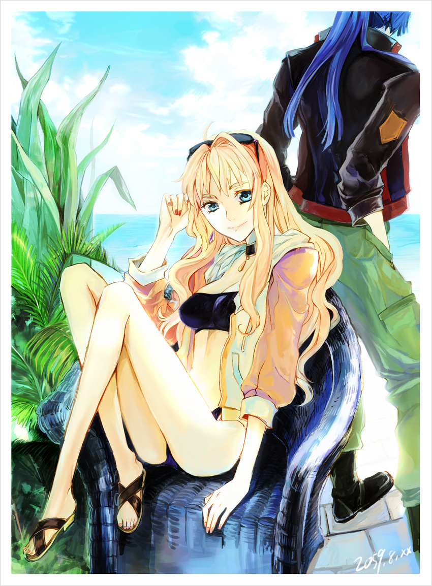 1girl blonde_hair blue_eyes breasts cleavage earrings highres jewelry long_hair macross macross_frontier medium_breasts mooche pink_hair sandals saotome_alto sheryl_nome smile sunglasses