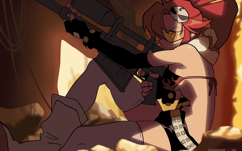 elbow_gloves glasses gloves gun highres long_hair red_hair short_shorts shorts skull solo tengen_toppa_gurren_lagann thighhighs vector_trace wallpaper weapon yoko_littner