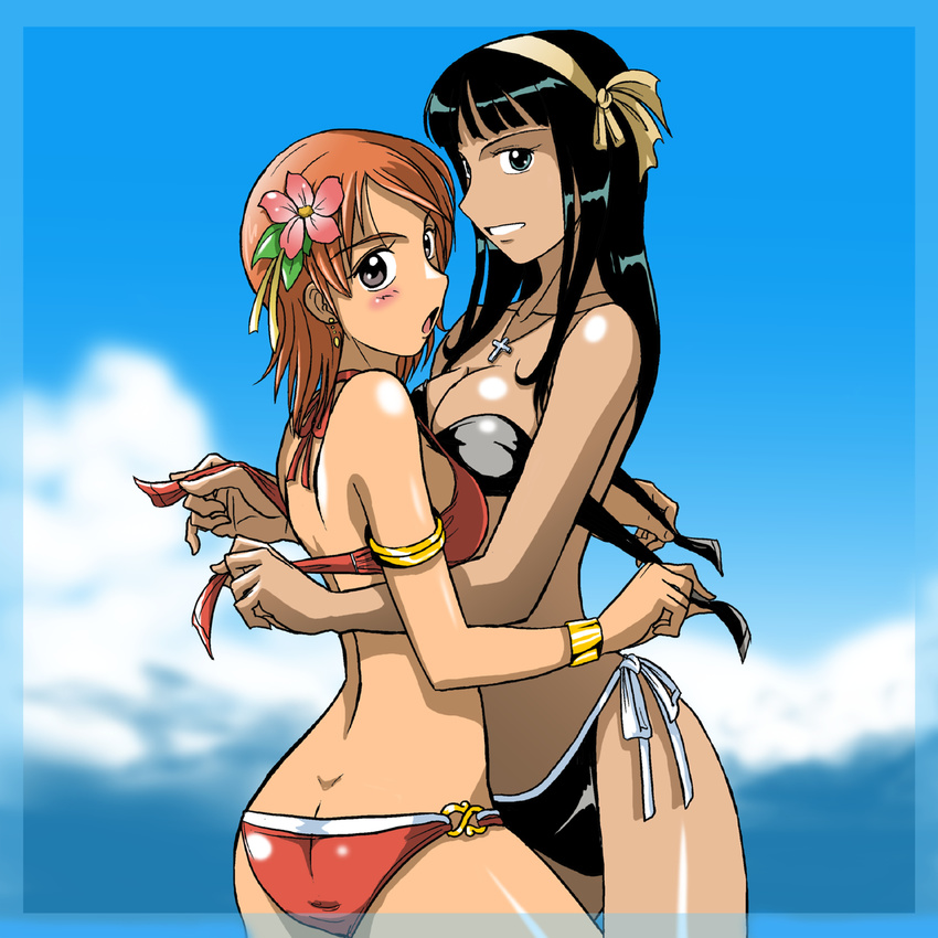 armlet bangle bikini black_hair blush bracelet breast_press breasts butt_crack earrings flower hair_flower hair_ornament highres jewelry kakkii large_breasts long_hair looking_at_viewer multiple_girls nami_(one_piece) nico_robin one_piece orange_hair pendant short_hair side-tie_bikini swimsuit symmetrical_docking undressing yuri