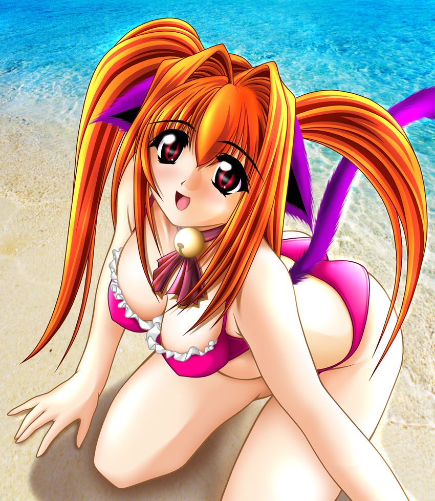 animal_ears beach bell bikini breasts cat_ears cat_tail cleavage day ears_down eyebrows_visible_through_hair from_above hair_intakes highres kneeling large_breasts long_hair open_mouth original outdoors photo_background pink_bikini red_eyes red_hair sand shiruru solo swimsuit tail tomoya_kankurou twintails water