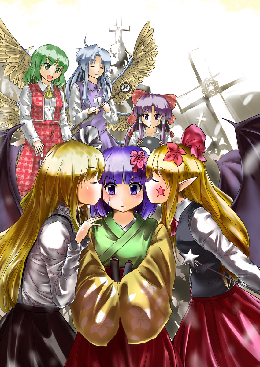 angel_wings ascot blonde_hair blue_hair bow cheek_kiss closed_eyes cross culter double_cheek_kiss elis_(touhou) flower girl_sandwich green_eyes green_hair hair_bow hair_flower hair_ornament hakurei_reimu hakurei_reimu_(pc-98) hieda_no_akyuu highres imminent_kiss japanese_clothes kazami_yuuka kazami_yuuka_(pc-98) kimono kiss kurumi_(touhou) long_hair multiple_girls pants plaid plaid_pants plaid_vest pointy_ears purple_eyes purple_hair sandwiched sariel scroll short_hair staff sweatdrop touhou touhou_(pc-98) vest wings yin_yang yuri