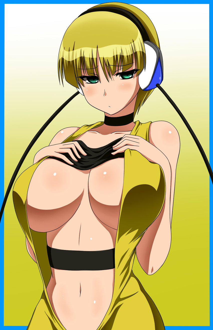 bare_shoulders blonde_hair blush breast_suppress breasts choker cleavage green_eyes highres huge_breasts kamitsure_(pokemon) navel pepo_(absolute1123) pokemon pokemon_(game) pokemon_bw solo