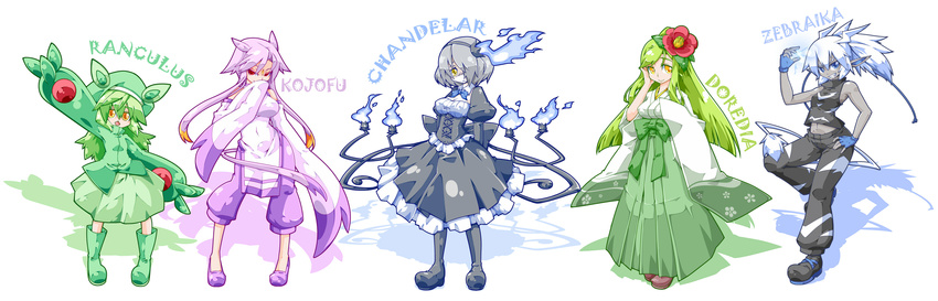 blue_fire chandelure character_name costume ekus_(xo_ekus) fire gen_5_pokemon highres lilligant mienshao multiple_girls personification pokemon reuniclus zebstrika