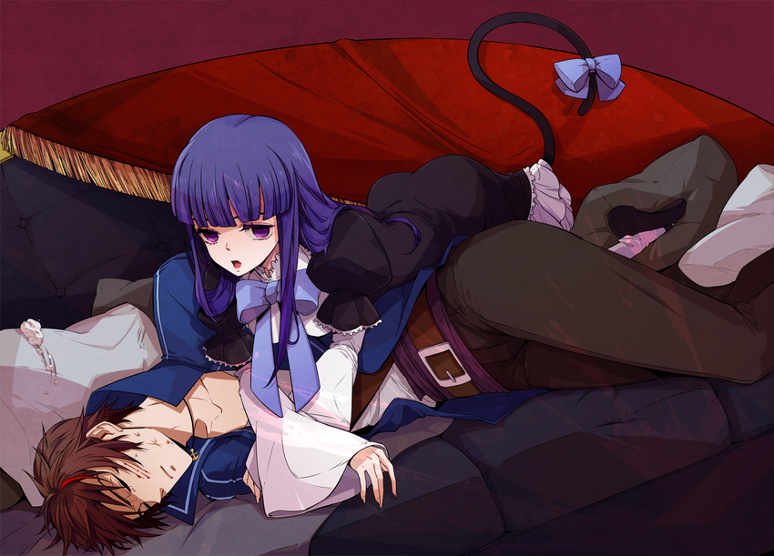 1girl blood blue_hair brown_hair cat_tail closed_eyes frederica_bernkastel lying multicolored_hair on_person pillow purple_eyes quesera11 streaked_hair tail two-tone_hair umineko_no_naku_koro_ni willard_h_wright