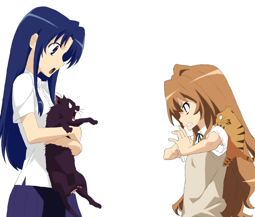 aisaka_taiga blue_hair brown_eyes brown_hair cat chizuru_(terepoter) highres kawashima_ami long_hair multiple_girls palmtop_tiger purple_eyes school_uniform tiger toradora!