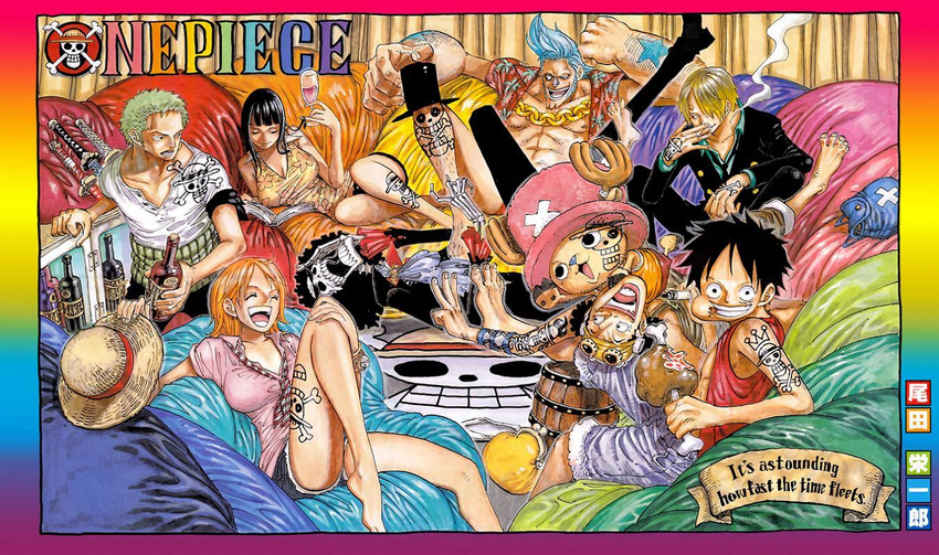 6+boys alcohol beer black_hair blonde_hair blue_hair brook cigarette copyright_name eating food formal franky goggles green_hair hat horns log_pose meat monkey_d_luffy multiple_boys multiple_girls nami_(one_piece) necktie nico_robin oda_eiichirou one_piece orange_hair roronoa_zoro sanji short_hair short_shorts shorts skeleton skull smile smoking straw_hat suit sword tattoo thighs tony_tony_chopper top_hat usopp weapon wine