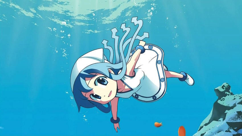 anbe_masahiro blue_eyes bracelet dress hat ikamusume jewelry official_art shinryaku!_ikamusume solo swimming tentacle_hair tentacles underwater water