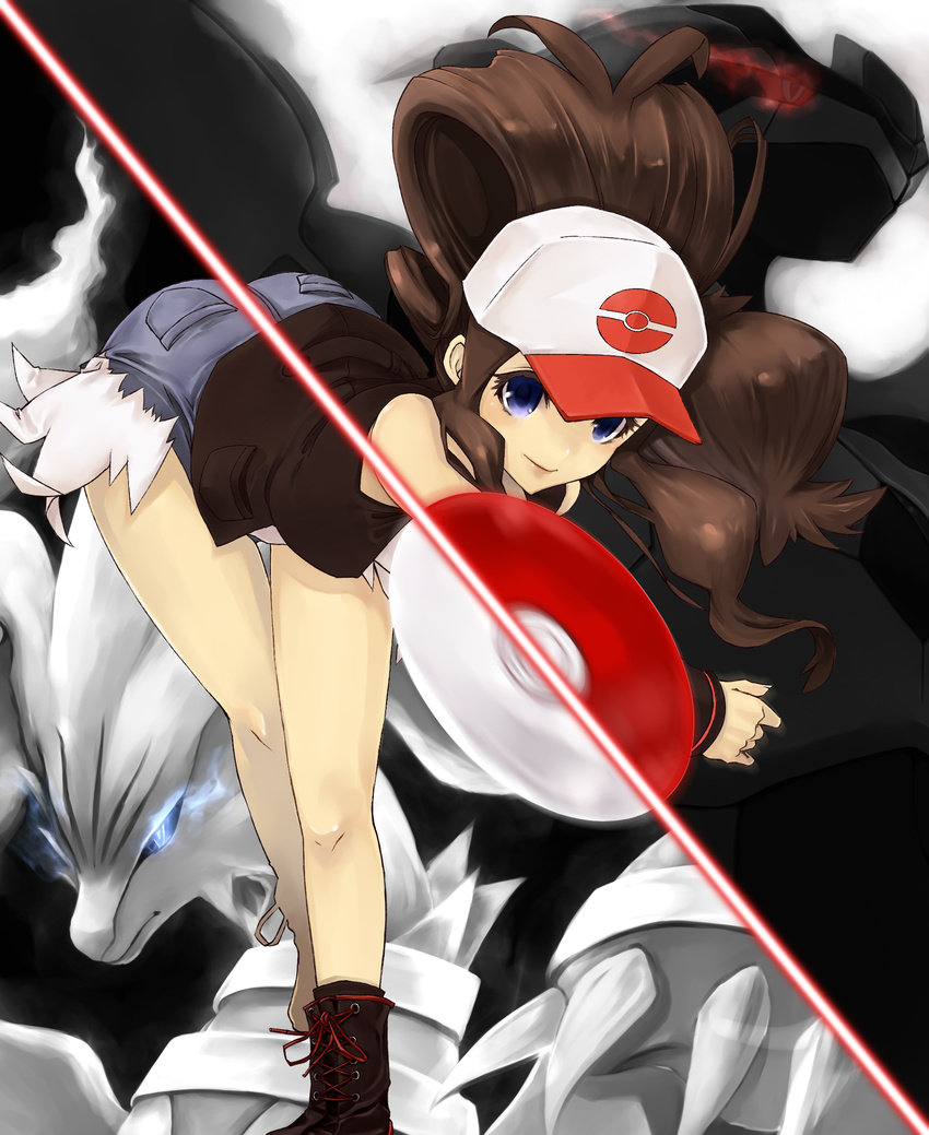 bare_legs baseball_cap bent_over blue_eyes boots brown_hair denim denim_shorts gen_5_pokemon glowing glowing_eyes hat highres motion_blur muso-comet poke_ball pokemon pokemon_(creature) pokemon_(game) pokemon_bw ponytail reshiram shorts smile throwing throwing_poke_ball touko_(pokemon) vest zekrom