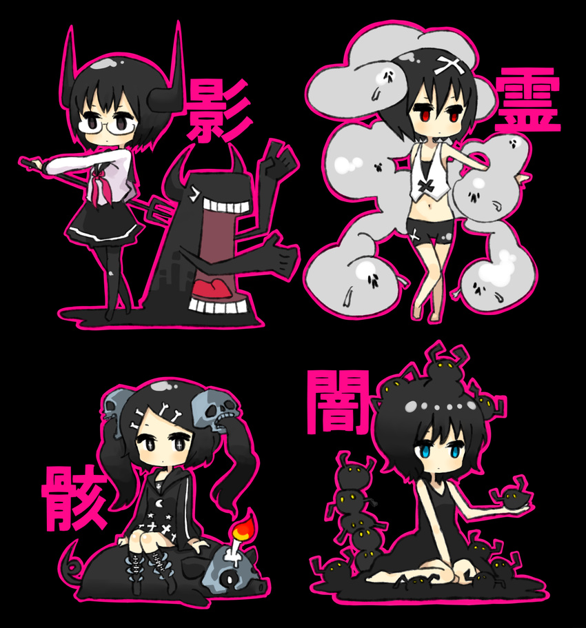 bike_shorts black_eyes black_hair blue_eyes boots brown_eyes candle chibi dress ghost glasses hair_ornament hairclip highres honest_(morina) hood hoodie horns kage_shoujo knee_boots long_hair midriff monster morina_nao multiple_girls navel onryou_shoujo original pantyhose pig pitchfork red_eyes school_uniform short_hair skirt skull skull_hair_ornament twintails yami_shoujo