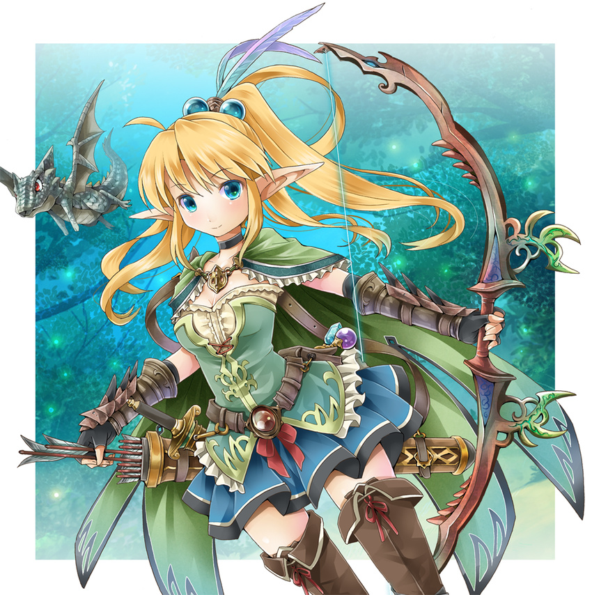 arrow blonde_hair blue_eyes boots bow_(weapon) breasts cape choker cleavage dragon elbow_gloves elf fantasy feathers fingerless_gloves gloves hair_bobbles hair_ornament medium_breasts michii_yuuki original pointy_ears ponytail quiver sheath sheathed skirt smile solo sword thigh_boots thighhighs weapon zettai_ryouiki
