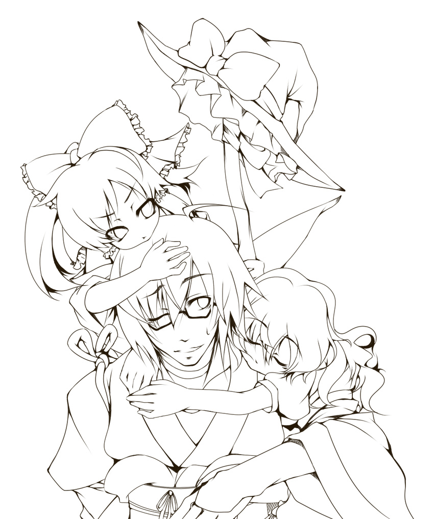 2girls bow bridal_gauntlets broom carrying glasses hair_bow hakurei_reimu hat hat_removed headwear_removed highres kirisame_marisa large_bow lineart monochrome morichika_rinnosuke multiple_girls on_head one_eye_closed person_on_head serizawa_mutsuki sleeping sweatdrop tasuki touhou transparent_background witch_hat younger